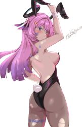 1girl abrokedrawer absurdres alternate_costume anger_vein animal_ears arm_up armpits ass backless_leotard bare_back black_leotard black_pantyhose blue_eyes blush breasts citlali_(genshin_impact) closed_mouth cowboy_shot facial_mark fake_animal_ears fake_tail forehead_mark genshin_impact hair_ornament highres large_breasts leotard long_hair looking_at_viewer multicolored_hair pantyhose pink_hair pink_pupils playboy_bunny purple_hair rabbit_ears rabbit_tail signature simple_background solo strapless strapless_leotard tail torn_clothes torn_pantyhose triangle triangle_facial_mark very_long_hair white_background