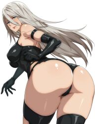 1girl a2_(nier:automata) ass ass_focus black_gloves black_leotard blue_eyes breasts commentary elbow_gloves english_commentary gloves jamjamstyle large_breasts leotard long_hair looking_at_viewer mole mole_under_mouth nier:automata nier_(series) solo thick_thighs thighs very_long_hair white_background white_hair