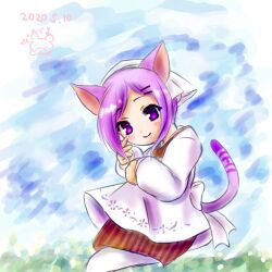 Rule 34 | 1girl, animal ears, apron, brown dress, cat ears, cat girl, cat tail, dated, dress, emil chronicle online, ghost girl, ghost tail, hair ornament, hairclip, kappougi, machinepink, nekomata sumire, official alternate costume, purple eyes, purple hair, purple tail, tail