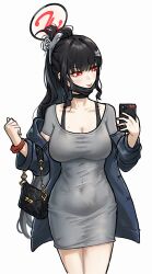 1girl absurdres bag bing_huyue black_hair blue_archive breasts cellphone cleavage covered_navel dongtan_dress dress grey_dress hair_ornament hairclip halo handbag highres holding holding_phone jacket jewelry large_breasts long_hair mask mask_pull meme_attire mole mole_on_breast mouth_mask official_alternate_costume phone ponytail red_nails ring rio_(blue_archive) simple_background smartphone smile solo very_long_hair white_background