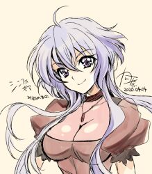 1girl ahoge breasts cleavage grey_hair hair_between_eyes hair_ornament kanna_(plum) large_breasts long_hair looking_at_viewer low_twintails purple_eyes senki_zesshou_symphogear simple_background smile solo twintails very_long_hair white_background white_hair yukine_chris