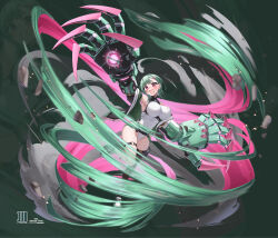 1girl absurdres arm_up asymmetrical_bangs bare_shoulders black_thighhighs boots breasts chest_harness chiko-chan_(morros) clawed_gauntlets commentary english_text full_body green_background green_boots green_hair hair_ornament hairclip halterneck harness highleg highleg_leotard highres huge_weapon impossible_clothes impossible_leotard large_breasts leg_up leotard looking_at_viewer mechanical_arms medium_hair morros o-ring o-ring_thigh_strap open_mouth original power_fist powering_up red_eyes single_bare_leg single_thighhigh solo sweatdrop symbol-only_commentary tearing_up thigh_strap thighhighs thighs variant_set weapon white_leotard zoom_layer