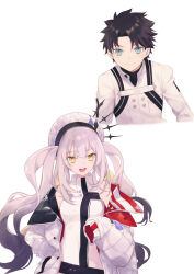 1boy 1girl absurdres bare_shoulders black_hair blue_eyes daisi_gi dress fate/grand_order fate_(series) fujimaru_ritsuka_(male) fujimaru_ritsuka_(male)_(decisive_battle_chaldea_uniform) gradient_hair grey_hair hat highres jacket long_hair long_sleeves marie_antoinette_(fate) marie_antoinette_alter_(fate) marie_antoinette_alter_(first_ascension)_(fate) multicolored_hair off_shoulder open_clothes open_jacket open_mouth short_hair sidelocks smile two_side_up white_dress white_hair white_hat white_jacket yellow_eyes