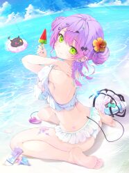 Rule 34 | 1girl, absurdres, ass, bad source, bag, bare legs, barefoot, beach, bibi (tokoyami towa), bikini, bikini skirt, blush, bottle, braid, breasts, closed mouth, commentary, conch, day, demon tail, double bun, ear piercing, earrings, fang, feet, flower, flower tattoo, food, from side, green eyes, hair bun, hair flower, hair ornament, hair ribbon, hairclip, heart, heart-shaped pupils, heart tattoo, hibiscus, highres, holding, holding food, holding popsicle, hololive, horizon, innertube, jewelry, knr rer, large breasts, leg tattoo, light rays, looking at viewer, lotion, low twin braids, multicolored hair, nail polish, ocean, orange flower, outdoors, piercing, pink hair, pointy ears, popsicle, purple hair, purple nails, ribbon, seashell, seiza, shell, shore, sitting, skin fang, smile, soles, solo, streaked hair, sunbeam, sunlight, sunscreen, swim ring, swimsuit, symbol-shaped pupils, tail, tattoo, toes, tokoyami towa, turning head, twin braids, two-tone hair, very long fingernails, virtual youtuber, water, water bottle, watermelon bar, white bikini, white ribbon