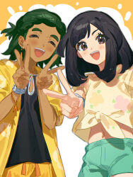 1boy 1girl absurdres aged_up black_hair black_shirt closed_eyes double_v excited floral_print fua1heyvot4ifsr grey_eyes grey_hair hau_(pokemon) highres jacket navel nintendo no_headwear orange_jacket pokemon pokemon_sm selene_(pokemon) shirt short_shorts short_sleeves shorts smile t-shirt v yellow_shirt z-ring