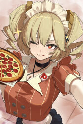 1girl absurdres black_choker black_skirt blonde_hair blush breasts burnice_white burnice_white_(operation_yum_2025) choker cleavage closed_mouth food hair_between_eyes highres holding holding_food holding_pizza koutannkoburia large_breasts looking_at_viewer maid_headdress medium_hair microskirt official_alternate_costume one_eye_closed orange_eyes orange_shirt pizza pleated_skirt reaching reaching_towards_viewer shirt short_sleeves skirt smile solo striped_clothes striped_shirt tongue tongue_out twintails vertical-striped_clothes vertical-striped_shirt zenless_zone_zero