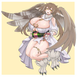 1girl animal_feet black_nails bottle breasts brown_hair brown_wings champagne_bottle clawed_feet cleavage clothing_cutout dress feathered_wings head_wings highres holding holding_bottle huge_breasts indie_virtual_youtuber jewelry mrfreeze_estoid multicolored_hair necklace open_mouth shoulder_cutout solo streaked_hair tororo_toto virtual_youtuber white_dress white_hair wings yellow_background yellow_eyes