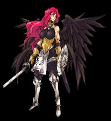 1girl angry bare_shoulders black_background breasts female_focus full_body garasha_(tensura) long_hair looking_to_the_side red_hair sword tensei_shitara_slime_datta_ken weapon