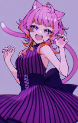1girl ahoge animal_ears bell black_nails blue_bow bow cat_ears cat_tail commentary dress english_commentary grey_background jingle_bell long_hair open_mouth original paw_pose pink_eyes pink_hair pinstripe_dress pinstripe_pattern purple_dress sa_kura_maru simple_background sleeveless sleeveless_dress smile solo tail