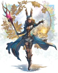 1girl animal_ears warrior_of_light_(ff14) blue_coat blue_headwear boots border coat commentary crossed_legs dragoon_(final_fantasy) elbow_gloves facial_mark final_fantasy final_fantasy_xiv full_body gloves highres holding holding_polearm holding_weapon jacket long_hair open_clothes open_coat parted_lips polearm rabbit_ears shukei smile solo standing viera watson_cross weapon white_border white_jacket