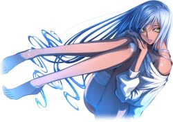 Rule 34 | 1girl, artist request, bandaged leg, bandages, bare shoulders, barefoot, bottomless, code geass, code geass: lost stories, dark-skinned female, dark skin, dutch angle, feet, female focus, game cg, grey hair, hands on own knees, hands up, head tilt, highres, knees together feet apart, knees up, leaning forward, legs, lipstick, long hair, long sleeves, looking at viewer, makeup, non-web source, off shoulder, official art, oversized clothes, own hands together, parted lips, purple lips, shallow water, sidelocks, simple background, sitting, solo, sweater, teeth, toes, transparent background, villetta nu, water, white sweater, yellow eyes