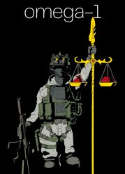 Rule 34 | 1boy, ammunition pouch, assault rifle, balance scale, black background, bulletproof vest, character name, english text, gun, hat legs, highres, military combat uniform, military uniform, pouch, rifle, scp foundation, soldier, solo, suppressor, weapon, weighing scale