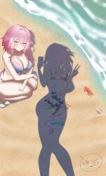 absurdres anal_beads beach bikini commentary crab dressed_shadow_(meme) egg_vibrator english_commentary gold_bikini hetani312 highres honkai:_star_rail honkai_(series) implied_nudity looking_at_viewer march_7th_(honkai:_star_rail) meme nude ocean outdoors pov sand selfie sex_toy shadow silhouette squatting stelle_(honkai:_star_rail) swimsuit trailblazer_(honkai:_star_rail) unworn_clothes vibrator