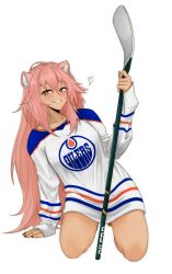1girl absurdres animal_ear_fluff animal_ears arknights black_nails breasts bright_pupils commission dokonjou_(odossan) edmonton_oilers full_body gravel_(arknights) highres hockey_stick hockey_uniform jersey kneeling long_hair medium_breasts mouse_girl national_hockey_league pink_eyes pink_hair second-party_source solo white_background
