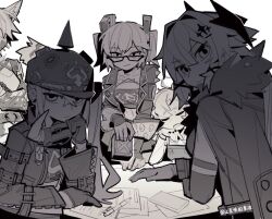 5girls breasts burnice_white caesar_king_(zenless_zone_zero) closed_eyes commentary_request crop_top crossed_bangs furry furry_female gloves greyscale hair_between_eyes hair_ribbon helm helmet holding jacket long_hair long_sleeves looking_at_viewer luciana_de_montefio mask mask_around_neck monochrome multiple_girls open_clothes open_jacket paper pen piper_wheel pulchra_fellini ribbon saliva side_ponytail simple_background sunglasses table tudouwei_de_guodong zenless_zone_zero