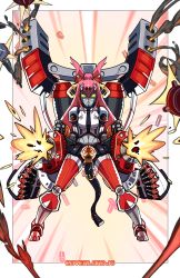 Rule 34 | 1girl, ammunition belt, animal ears, belt, blazblue, cat ears, commentary, commission, drum magazine, english commentary, extra ears, firing, full body, fusion, gatling gun, hair ears, highres, huge weapon, itano circus, joints, kokonoe (blazblue), long hair, magazine (weapon), mechanization, missile, muzzle flash, no pupils, overlord jc, pink hair, robo-fortune, robot, robot ears, robot girl, robot joints, rocket launcher, shell casing, shoulder cannon, skullgirls, smoke, solo, symmetry, weapon, yellow eyes