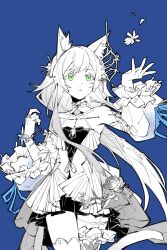 Rule 34 | 1girl, animal ear fluff, animal ears, arknights, bare shoulders, blue background, blue ribbon, chinese commentary, commentary request, cowboy shot, dress, fingernails, flower, green eyes, halter dress, halterneck, highres, jewelry, long hair, looking up, multiple rings, parted lips, partial commentary, partially colored, petals, piaoliu ping ping ping pingzi, ribbon, ring, rosmontis (arknights), simple background, solo, standing, tail, thighhighs
