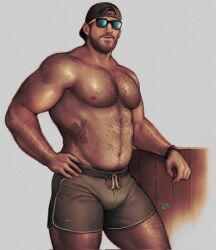 Rule 34 | 1boy, arm hair, backwards hat, bara, baseball cap, beard, belly, brown hat, bulge, chest hair, commentary, corrupted twitter file, cowboy shot, dolphin shorts, english commentary, ericson blum, facial hair, grand theft auto, grand theft auto vi, gym shorts, hand on own hip, hat, highres, hip tattoo, jason (grand theft auto), jason duval, leg hair, male focus, muscular, muscular male, nike (company), shorts, signature, solo, sunglasses, watch, wristwatch
