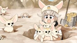 2girls :d absurdres animal bird black_scarf bucket commentary diva_(hyxpk) donut_stamp duck english_commentary eyebags_keeper_(diva) fennec_fox golden_mole grey_hair highres holding holding_animal hole multiple_girls open_mouth penguin_keeper_(diva) scarf seal_puppet shovel slice_of_life smile zoo zookeeper zookeepers_(diva)
