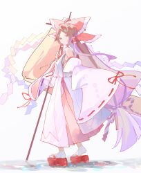 1girl absurdly_long_hair absurdres bare_shoulders bow brown_hair chihaya_(clothing) detached_sleeves foul_detective_satori frilled_hair_tubes frills full_body gensokyo&#039;s_first_hakurei_miko gohei hair_bow hair_tubes harushagi999nainn highres holding holding_gohei huge_bow japanese_clothes long_hair looking_at_viewer miko ponytail shide sleeves_past_fingers sleeves_past_wrists solo touhou very_long_hair walking