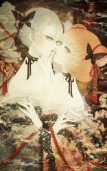 2girls absurdres bare_shoulders bell blue_eyes blue_hair blue_nails butterfly_hair_ornament clothes_lift collarbone commentary double_bun falling_petals floral_print floral_print_kimono hair_bell hair_between_eyes hair_bun hair_ornament hair_ribbon highres japanese_clothes kimono kimono_lift kimono_partially_removed long_hair long_neck maru_(xxxholic) medium_hair moro_(xxxholic) multiple_girls neck_ribbon noses_touching orange_eyes orange_hair orange_nails pale_skin parted_lips petals print_kimono red_rope ribbon rope satsuki_kei smoke twintails xxxholic