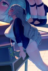 Rule 34 | 1girl, absurdres, akano murasaki, blue jacket, blush, breasts, bronya zaychik, bronya zaychik (silverwing: n-ex), commentary request, crotch rub, female masturbation, grey hair, highres, honkai (series), honkai impact 3rd, indoors, jacket, large breasts, long hair, long sleeves, masturbation, masturbation through clothes, multiple views, open clothes, open jacket, open mouth, paid reward available, panties, panties under pantyhose, pantyhose, pussy juice, pussy juice trail, rolling eyes, shirt, shoes, standing, table, table humping, tiptoes, tongue, tongue out, underwear, white panties, white shirt