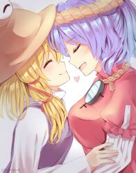 2girls asymmetrical_docking blonde_hair breast_press breasts brown_hat closed_mouth commentary_request facing_another from_side hair_ribbon hat heart highres layered_sleeves long_hair long_sleeves medium_breasts moriya_suwako multiple_girls open_mouth purple_hair purple_vest ramudia_(lamyun) red_ribbon ribbon rope shirt short_hair short_over_long_sleeves short_sleeves simple_background small_breasts smile touhou tress_ribbon twitter_username upper_body vest white_background white_shirt yasaka_kanako yuri