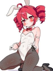 1girl ahoge alternate_costume animal_ears black_shoes blush bow bowtie closed_mouth commentary detached_collar drill_hair english_commentary fake_animal_ears fishnet_pantyhose fishnets heart heart-shaped_pupils high_heels highres kasane_teto leotard looking_at_viewer pantyhose playboy_bunny rabbit_ears rabbit_tail red_bow red_bowtie red_eyes red_hair shoes simple_background solo strapless strapless_leotard symbol-shaped_pupils tail twin_drills utau vvv_fnk white_background white_leotard wrist_cuffs
