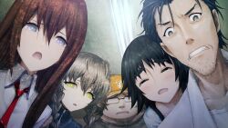 2boys 3girls amane_suzuha beard_stubble belt beret black_hair black_trim blue_dress blue_jacket braid breasts brown_hair brown_jacket brown_pants clenched_teeth closed_eyes coat collar collarbone collared_shirt constricted_pupils crying dress facial_hair fat fat_man frilled_collar frills from_below game_cg glasses green_shirt grey_eyes hair_between_eyes hair_over_shoulder hair_tie hashida_itaru hat high_collar highres horrified huke implied_death indoors jacket jacket_partially_removed lab_coat leather_belt long_sleeves looking_at_viewer makise_kurisu medium_hair messy_hair multiple_boys multiple_girls necktie official_art okabe_rintarou opaque_glasses open_mouth pain pants parted_lips pink_frills puffy_short_sleeves puffy_sleeves purple_eyes purple_trim red_necktie ringed_eyes sad shiina_mayuri shirt short_sleeves small_breasts square_pupils steins;gate steins;gate:_linear_bounded_phenogram stubble t-shirt tareme tearing_up teeth thick_eyebrows tongue track_jacket twin_braids twintails white_belt white_coat white_shirt worried yellow_eyes yellow_hat zipper zipper_pull_tab