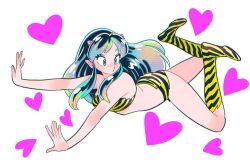 1girl animal_print bikini boots commentary cone_horns full_body heart highres horns knee_boots long_hair lum muda_rengou_to_ziggy_stardust pointy_ears print_bikini print_boots sidelocks solo swimsuit symbol-only_commentary tiger_print urusei_yatsura white_background