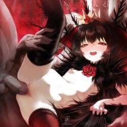 1boy 1girl ars_lycorys artist_name black_cloak black_hair black_souls black_souls_2 black_thighhighs blush brooch cloak clothes_grab colored_skin commission crown flat_chest flower flower_brooch fur_cloak grey_skin grimm_(black_souls) highres jewelry leg_lift lorina_(black_souls) lying on_side open_mouth pale_skin penis pussy red_eyes red_flower red_rose rose sex short_hair thighhighs uncensored vaginal watermark
