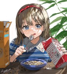1girl :q blue_eyes blue_shirt bow_hairband bowl brown_hair cereal cereal_box collared_shirt food freckles hairband highres holding holding_milk_carton holding_spoon long_hair meal milk milk_carton original pomu_(joynet) red_hairband shirt signature simple_background spoon striped_clothes striped_shirt table tongue tongue_out white_background
