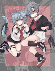 2boys ahoge animal_ears black_ribbon black_sailor_collar black_shirt black_shoes black_shorts black_socks blue_eyes blue_hair cat_boy cat_ears cat_tail collar commentary earclip earrings fang grey_hair hair_between_eyes hair_ornament hairclip highres jewelry legwear_garter male_focus multiple_boys neckerchief original parted_lips red_collar red_neckerchief ribbon sailor_collar sailor_shirt shirt shoes short_hair shorts skin_fang sneakers socks tail tail_ornament tail_ribbon toko_(cactus_tok) tongue tongue_out white_sailor_collar white_shirt white_shorts x_hair_ornament yellow_eyes zoom_layer