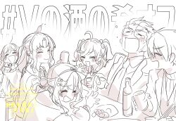 Rule 34 | :d, ahoge, bag of chips, bare shoulders, bottle, bow, character request, closed eyes, closed mouth, collared shirt, dated, english text, glasses, hair bow, hair bun, holding, jacket, monochrome, necktie, nijisanji, ninahachi, off shoulder, open clothes, open jacket, open mouth, shirt, simple background, sketch, smile, sweater, text background, translation request, twitter username, two side up, virtual youtuber, watermark, white background