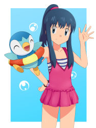 1girl bare_shoulders blue_eyes blue_hair blush dawn_(pokemon) female_focus gen_4_pokemon highres long_hair love_(pspdspsp) matching_hair/eyes nintendo piplup pokemon pokemon:_arceus_and_the_jewel_of_life pokemon_(anime) pokemon_(creature) pokemon_dppt_(anime) ponytail simple_background smile solo swimsuit