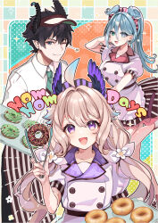 1boy 2girls :d ;) apron black_hair black_skirt blue_eyes blue_hair breasts brown_hair closed_mouth collared_shirt commentary_request donut dress_shirt elira_pendora enna_alouette food frilled_apron frills gradient_hair hair_between_eyes hat highres holding horns medium_breasts multicolored_hair multiple_girls nijisanji nijisanji_en one_eye_closed open_mouth pants puffy_short_sleeves puffy_sleeves puracotte purple_eyes ren_zotto shirt short_sleeves skirt smile striped_clothes striped_pants striped_skirt tongs vertical-striped_clothes vertical-striped_pants vertical-striped_skirt virtual_youtuber visor_cap waist_apron white_apron white_hat white_shirt