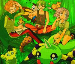 Rule 34 | 3boys, aaron (pokemon), beautifly, belt, black shirt, brown hair, bug, bugsy (pokemon), burgh (pokemon), combee, fon-due (fonfon), forest, gen 1 pokemon, gen 2 pokemon, gen 3 pokemon, gen 4 pokemon, gen 5 pokemon, green hair, green shirt, joltik, multiple boys, nature, nintendo, orange pants, pants, pokemon, pokemon (creature), pokemon bw, pokemon dppt, pokemon gsc, purple hair, sewaddle, shirt, shorts, spinarak, v, weedle