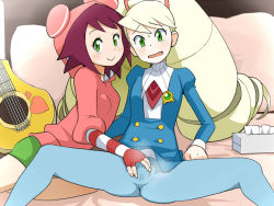 00s 2girls acoustic_guitar bed big_hair blonde_hair blue_legwear capcom drill_hair fingering green_eyes guitar hood hoodie instrument luna_platz_(mega_man) mega_man_(series) mega_man_star_force_(series) multiple_girls open_mouth pantyhose pillow red_hair shorts sitting smile sonia_strumm_(mega_man) spread_legs spread_pussy spread_pussy_under_clothes sweat tamagoroo tissue tissue_box yuri