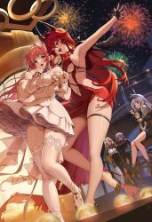 Rule 34 | 5girls, :d, ;d, absurdres, black gloves, black shoes, breasts, dorothy (nikke), dress, eating, fingerless gloves, fireworks, gloves, goddess of victory: nikke, highres, large breasts, long hair, multiple girls, navel, night, night sky, one eye closed, open mouth, purple hair, rapunzel (nikke), red dress, red eyes, red hair, red hood (nikke), scarlet (nikke), shoes, sitting, sky, smile, snow white (nikke), teddyellow, thighhighs, white dress, white shoes, white thighhighs