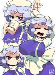 1girl apron blue_eyes blue_hair breasts closed_eyes commentary cup dated dushiido hat highres holding holding_cup large_breasts letty_whiterock looking_at_viewer mug multiple_views open_mouth short_hair signature simple_background touhou waist_apron white_apron white_background white_hat