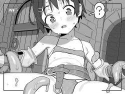 1girl ? barbarian_tk battery_indicator bikini dungeon flat_chest greyscale hair_ornament hairclip loli micro_bikini monochrome navel original recording short_hair slime_(substance) slimy spoken_question_mark spread_legs sweat swimsuit tentacles thong viewfinder