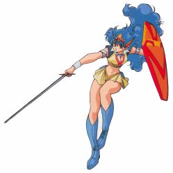 1980s_(style) 1girl absurdres armlet blue_boots blue_hair boots breasts cleavage fandora fantasy full_body headpiece highres holding holding_shield holding_sword holding_weapon jewelry long_hair midriff miniskirt mujigen_hunter_fandora navel non-web_source official_art oldschool pleated_skirt red_eyes retro_artstyle shield simple_background skirt solo sword weapon white_background wristband yellow_skirt