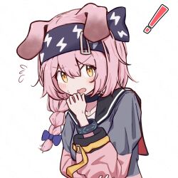 ! 1girl absurdres animal_ears arknights barurun_pen black_choker black_hairband black_jacket blush braid choker flying_sweatdrops goldenglow_(arknights) hairband hand_to_own_mouth highres infection_monitor_(arknights) jacket long_sleeves looking_at_viewer medium_hair open_mouth pink_hair pink_jacket simple_background solo surprised sweatdrop upper_body white_background yellow_eyes
