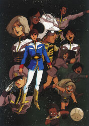 1980s_(style) 4boys 6+girls amuro_ray belt bindi black_hair blonde_hair boots bright_noa char_aznable child dark_skin earth_federation eye_mask fraw_bow gundam hair_ribbon haro hat helmet highres katz_kobayashi kikka_kitamoto lalah_sune letz_cofan looking_at_viewer matilda_ajan mikimoto_haruhiko military military_uniform mirai_yashima mobile_suit_gundam multiple_boys multiple_girls oldschool open_mouth pointing pointing_forward promotional_art red_hair retro_artstyle ribbon robot salute sayla_mass scan science_fiction serious smile space star_(symbol) star_symbol_background traditional_media zeon