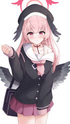 1girl 3: absurdres alternate_hair_length alternate_hairstyle bag beret black_hat black_jacket black_wings blazer blue_archive blunt_bangs blush closed_mouth collarbone commentary eyelashes eyes_visible_through_hair feathered_wings flying_sweatdrops hair_down halo hand_up hat hayumi_(hayumi03) head_wings highres jacket koharu_(blue_archive) looking_at_viewer low_wings miniskirt neckerchief pink_eyes pink_hair pink_neckerchief pink_skirt pleated_skirt raised_eyebrows red_halo sailor_collar sanpaku school_uniform serafuku shoulder_bag shy simple_background single_bare_shoulder skirt sleeves_past_wrists solo split_mouth straight_hair tsurime white_background white_sailor_collar wings