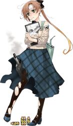 Rule 34 | 1girl, akigumo (kancolle), akigumo kai ni (comiket) (kancolle), akigumo kai ni (kancolle), black pantyhose, black sweater, blue footwear, blue skirt, brown hair, brown shawl, cold pack, fujikawa, full body, green eyes, hair ribbon, kantai collection, layered clothes, long hair, long skirt, looking at viewer, mole, mole under eye, official alternate costume, official art, pantyhose, plaid clothes, plaid skirt, ponytail, ribbon, shawl, skirt, solo, standing, stylus, sweater, tablet pc, torn clothes, torn pantyhose, torpedo launcher, transparent background, white sweater