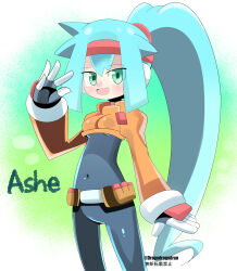 Rule 34 | 1girl, ashe (mega man), black bodysuit, blue hair, bodysuit, bodysuit under clothes, breasts, character name, cowboy shot, cropped jacket, dragodragodran, green eyes, high ponytail, highres, jacket, mega man (series), mega man zx, mega man zx advent, orange jacket, ponytail, robot ears, solo