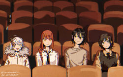 Rule 34 | 4girls, black hair, black necktie, braid, braided ponytail, carrotsprout, chainsaw man, creator connection, eri (sayonara eri), fire punch, hair between eyes, highres, makima (chainsaw man), mole, mole under eye, mole under mouth, movie theater, multiple girls, necktie, red hair, reverse trap, ringed eyes, sayonara eri, school uniform, shirt, short hair, sitting, smile, surya (fire punch), sweat, togata (fire punch), twitter username, white hair, white shirt, yellow eyes