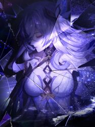 Rule 34 | 1girl, absurdres, broken glass, genshin impact, glass, hair ornament, highres, kong tiao bo zi, long hair, looking down, looking to the side, multicolored hair, open mouth, red eyes, skirk (genshin impact), white hair