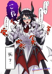 1girl apron black_hair blue_eyes blush braid breasts claws crown_braid dragon_girl dragon_horns dragon_tail dragon_wings duel_monster glasses highres horns house_dragonmaid large_breasts long_sleeves looking_at_viewer maid maid_apron maid_headdress open_mouth short_hair simple_background solo speech_bubble tail tokiwajing transformation translation_request veins white_apron wings yu-gi-oh!